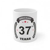 White ceramic 37th anniversary printed coffee mug, capacity 330ml